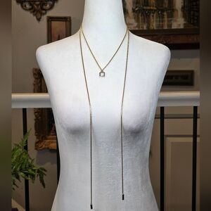 Modern Gold Tone Lariat Necklace Adjustable Square Slide Pendant Y-Chain